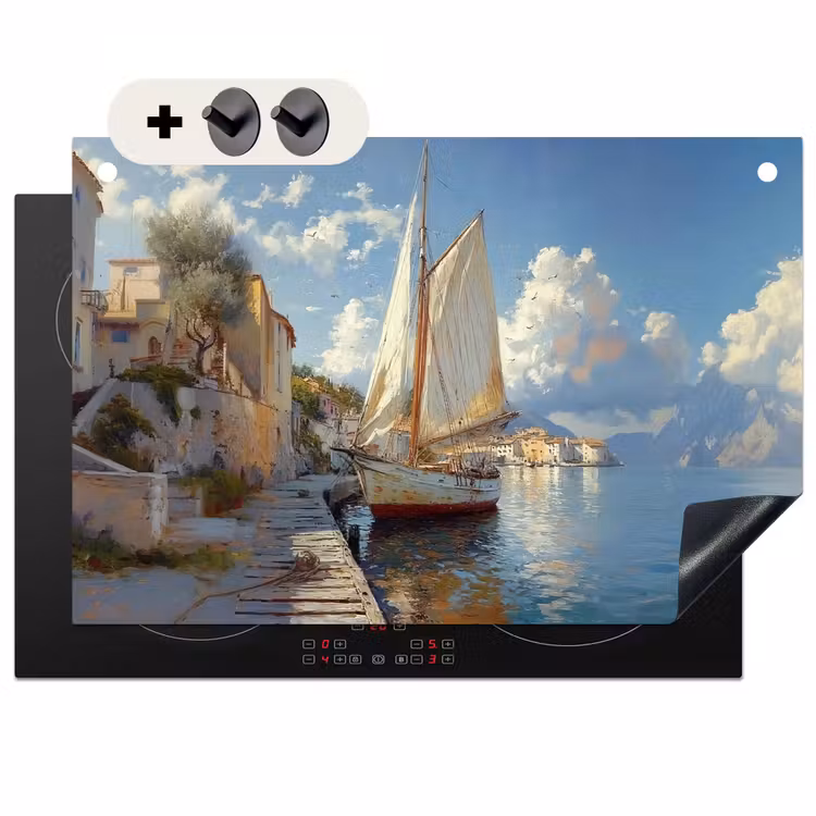 Inductie beschermer en spatscherm (2in1) - Zeilschip - Huizen - Kade - Zee — 1