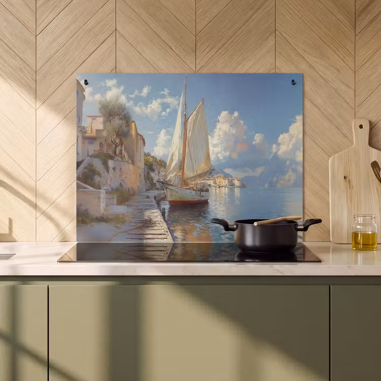Inductie beschermer en spatscherm (2in1) - Zeilschip - Huizen - Kade - Zee — 2