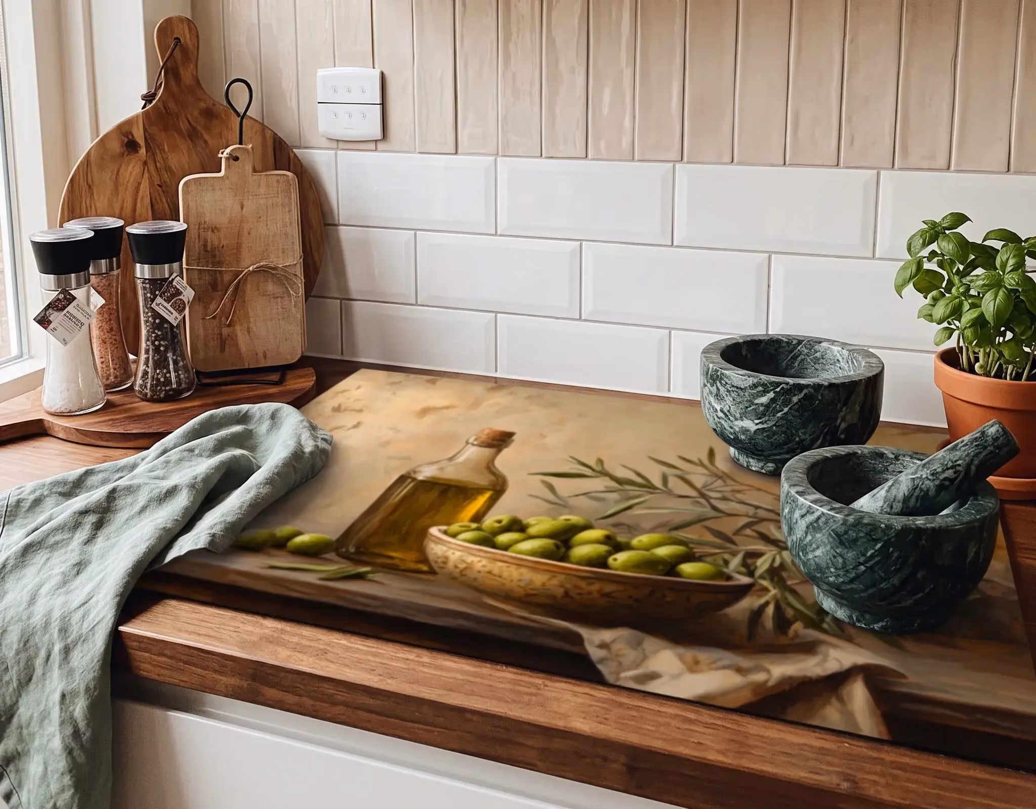 Inductie beschermer beige met een fruitschaal