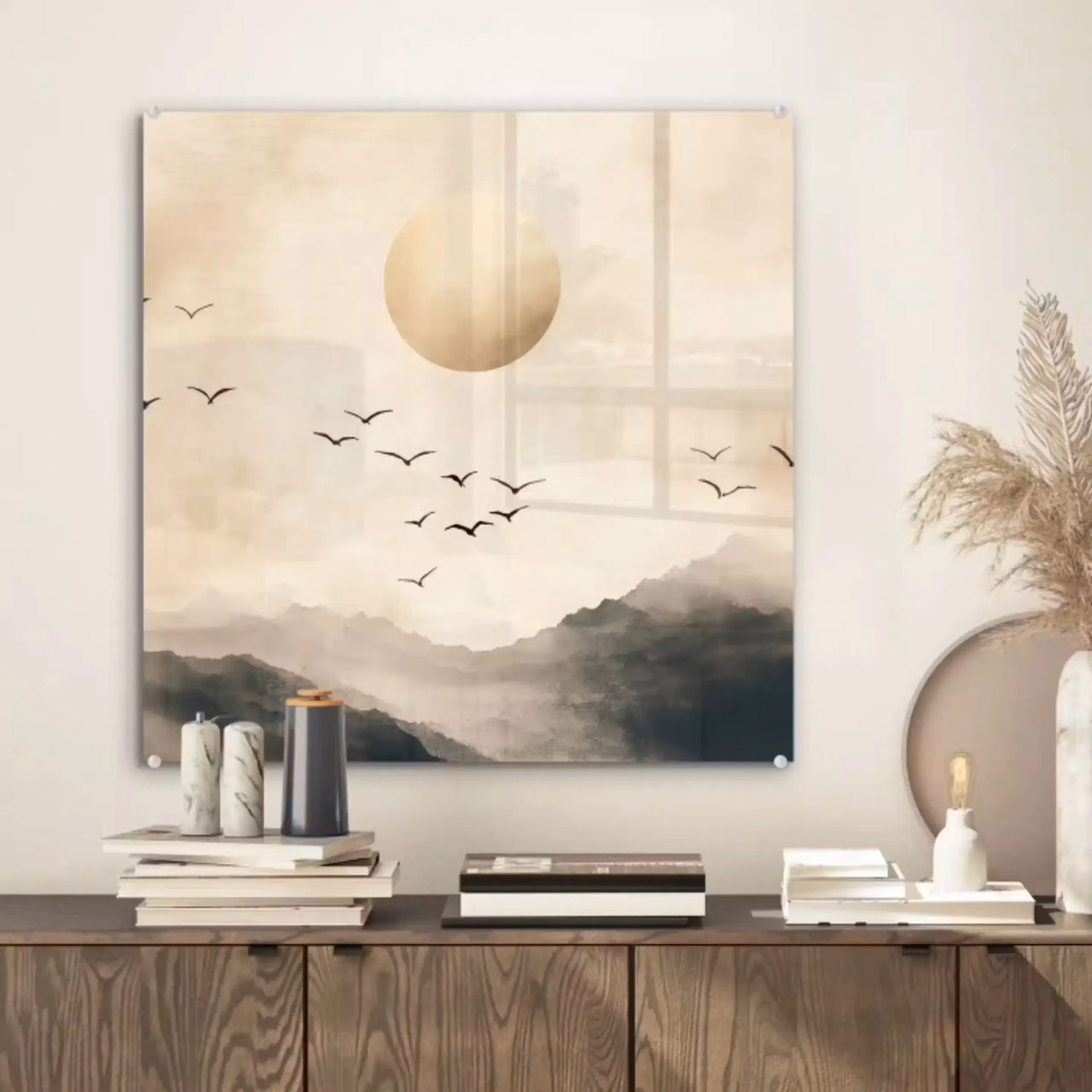Glas schilderij - Landschap - Japandi - vogel