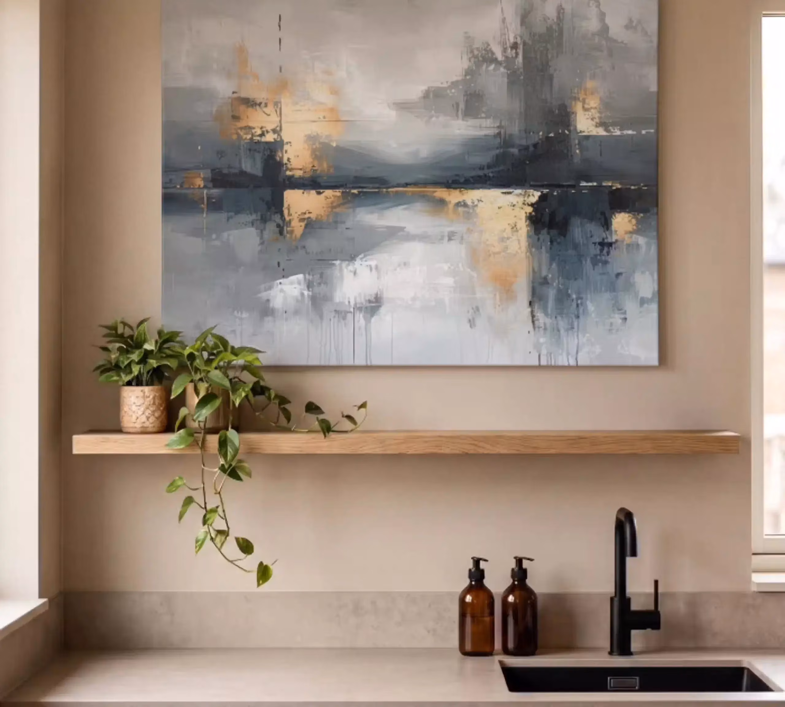 Canvas schilderij - Kunst - Grijs - Goud - Abstract