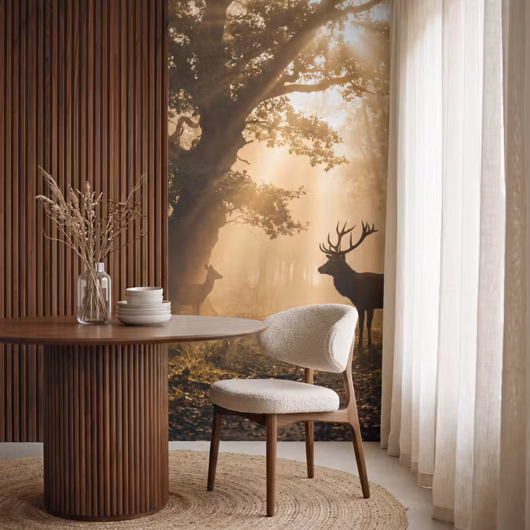 Behang - Hert - Bos - Mistig - Natuur - Goud — 4