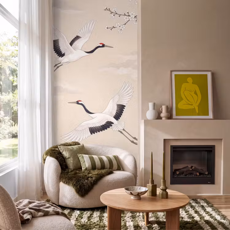 Behang - Kraanvogels Kersenbloesem Beige