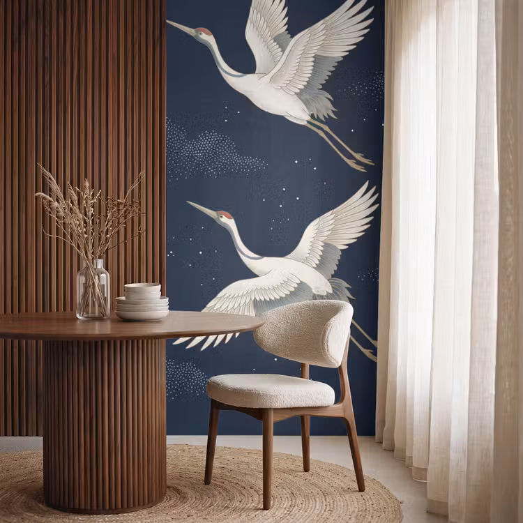 Behang - Kraanvogels Nachtelijke Hemel Donkerblauw — 4