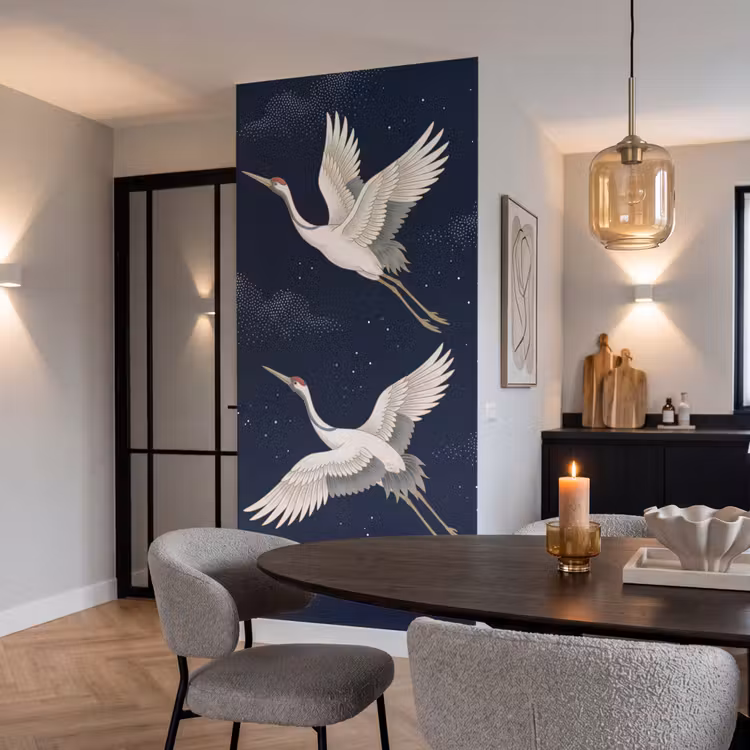 Behang - Kraanvogels Nachtelijke Hemel Donkerblauw — 5
