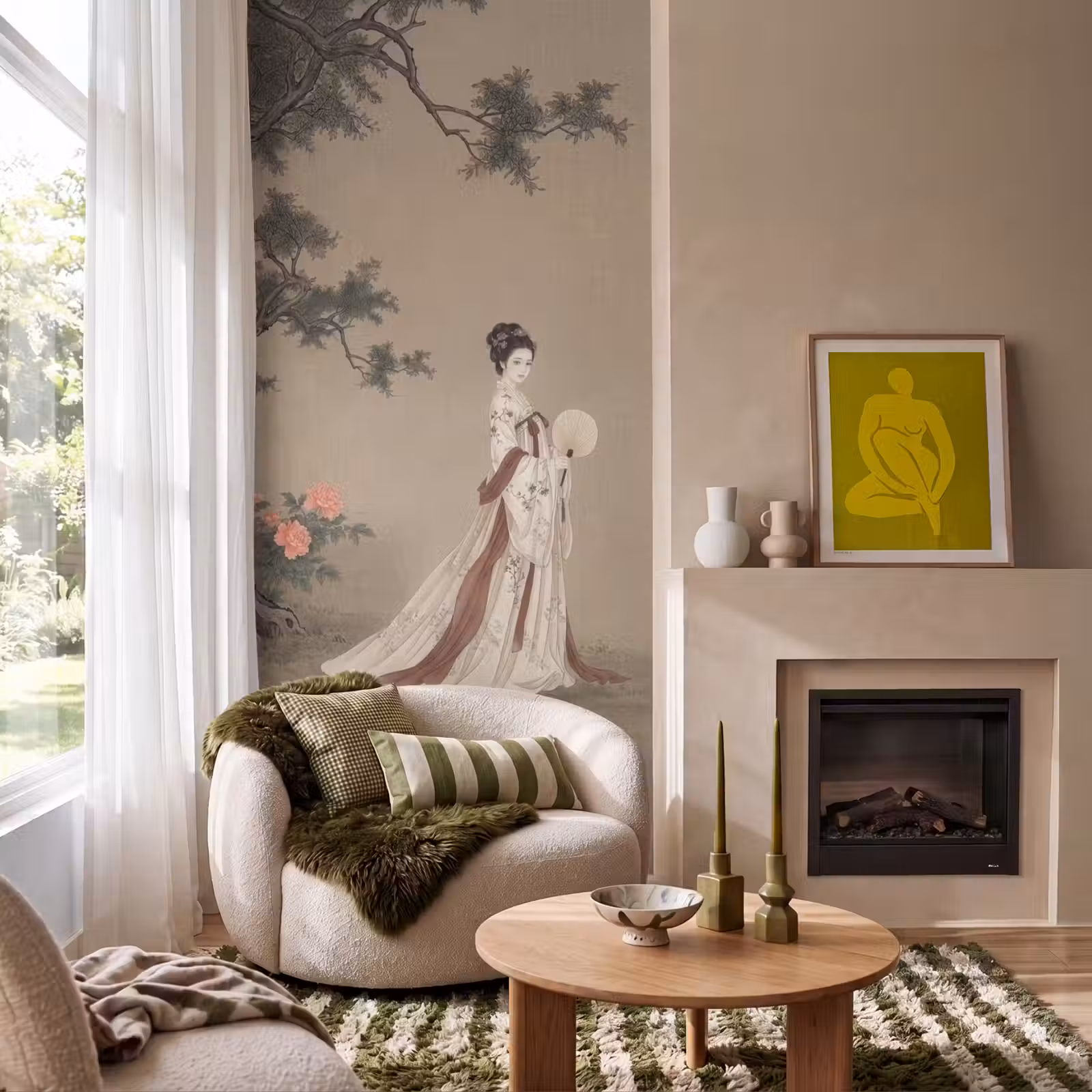 Behang - Vrouw - Azië - Kunst - Beige — 1