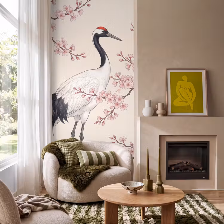 Behang - Aziatisch - Kraanvogel - Beige — 1