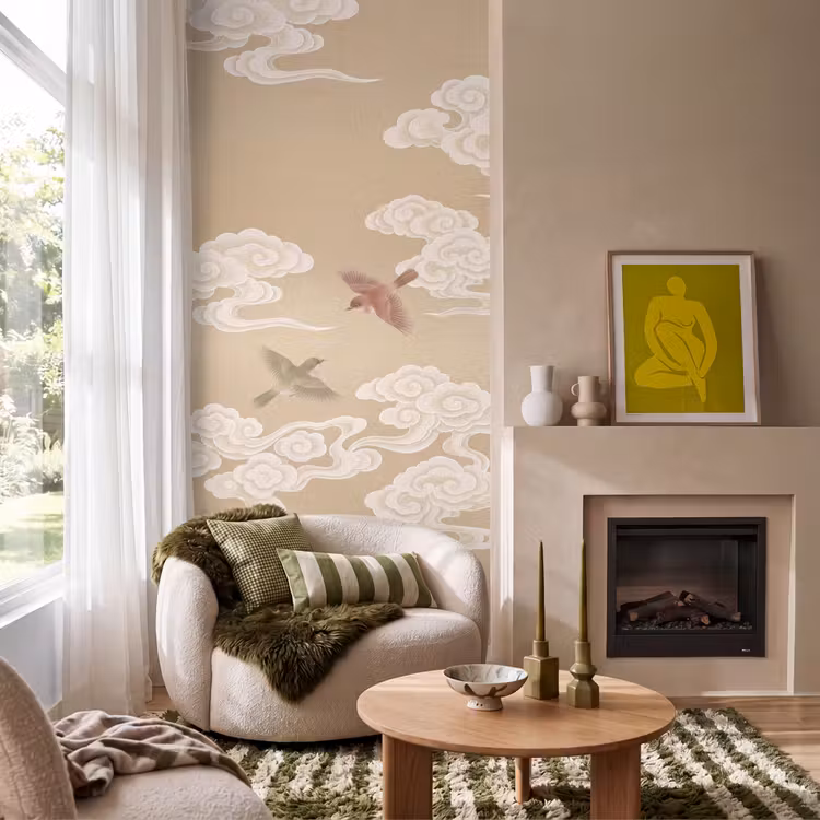 Behang - Vogels tussen Chinese Wolken Beige