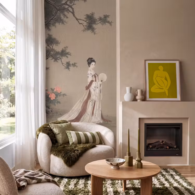 Behang - Vrouw - Azië - Kunst - Beige — 1