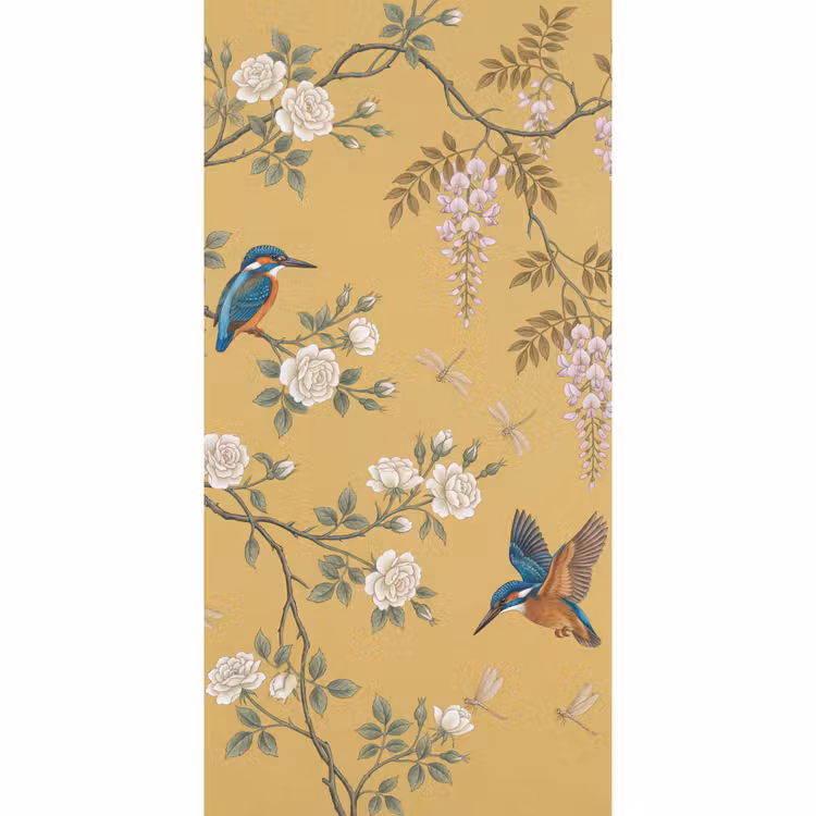 Behang - IJsvogels - Bloesem - Geel — 2