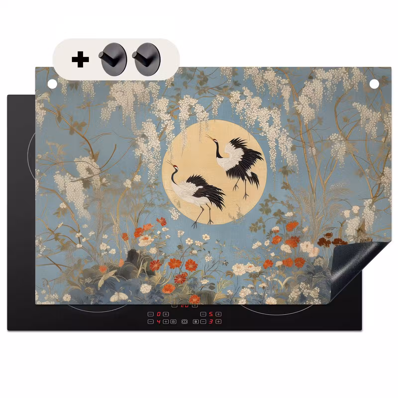 Inductie beschermer en spatscherm (2in1) - Kraanvogels - Maan - Bloemen - Blauw — 1