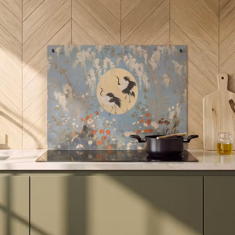 Inductie beschermer en spatscherm (2in1) - Kraanvogels - Maan - Bloemen - Blauw — 2