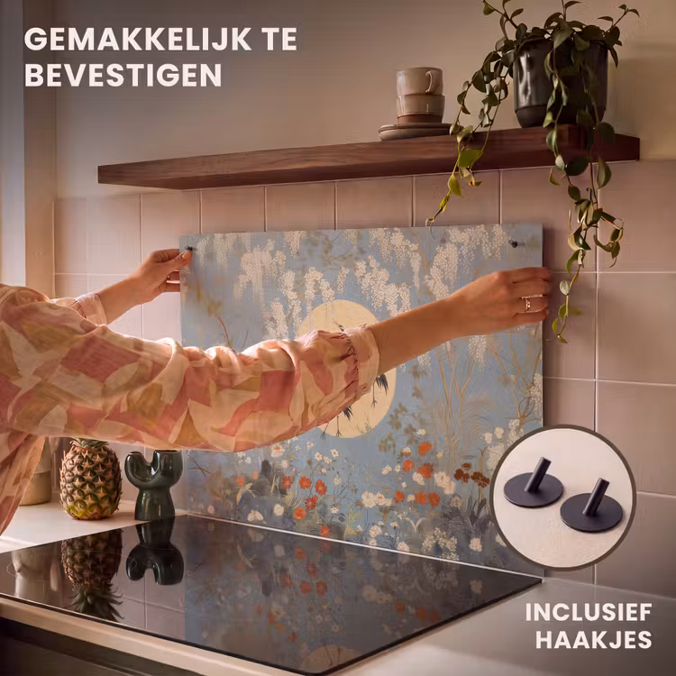 Inductie beschermer en spatscherm (2in1) - Kraanvogels - Maan - Bloemen - Blauw — 7