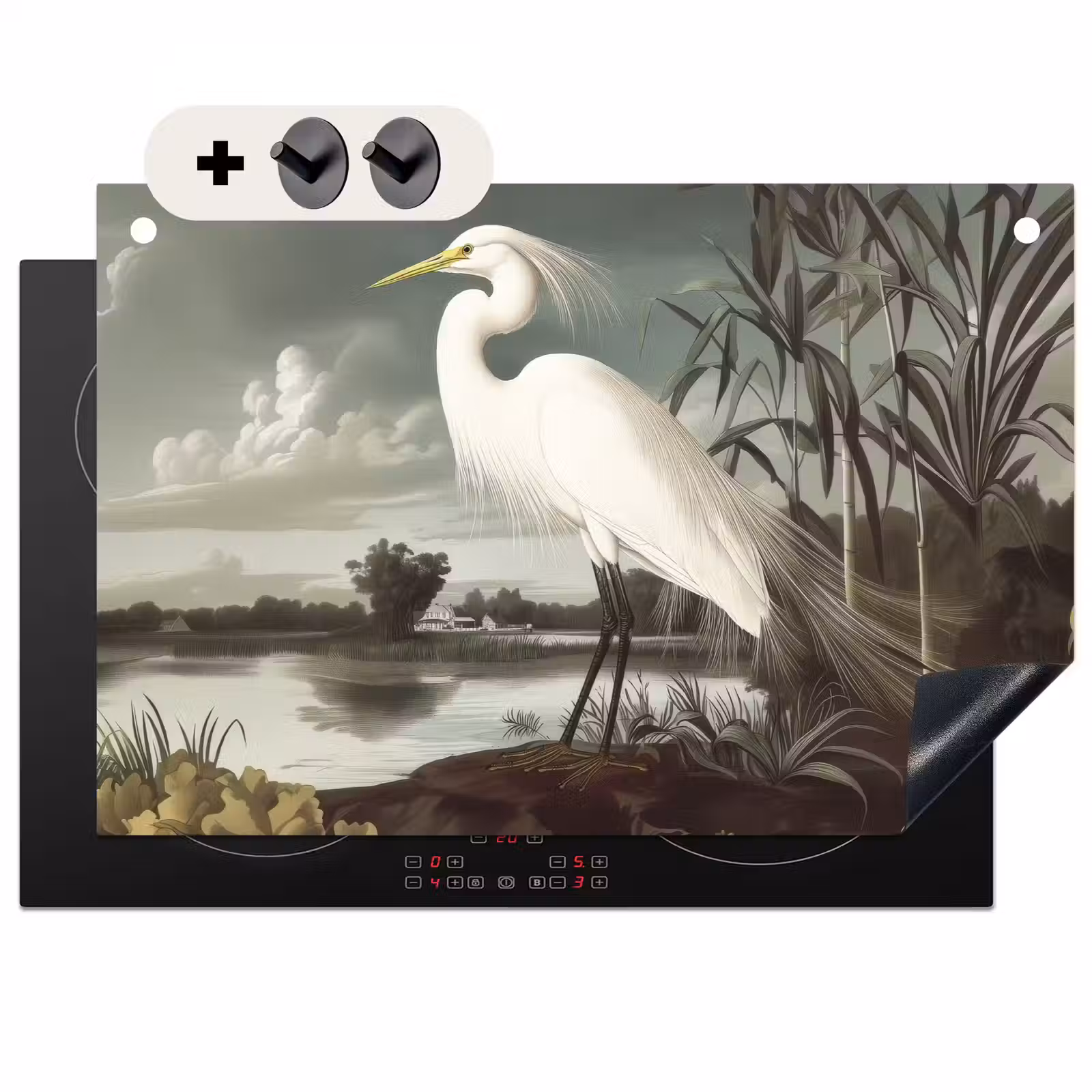 Inductie beschermer en spatscherm (2in1) - Reiger - Planten - Wolken - Wit — 1