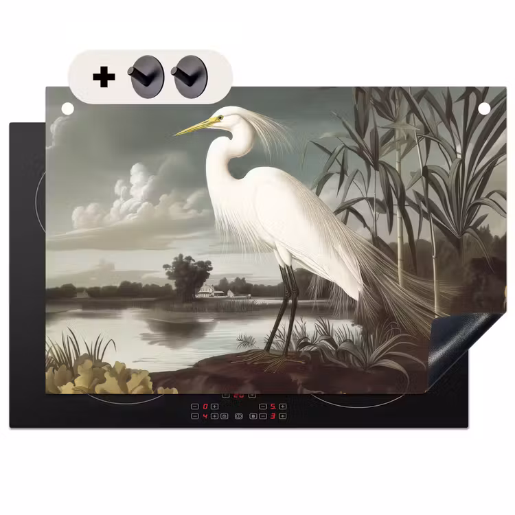 Inductie beschermer en spatscherm (2in1) - Reiger - Planten - Wolken - Wit — 1