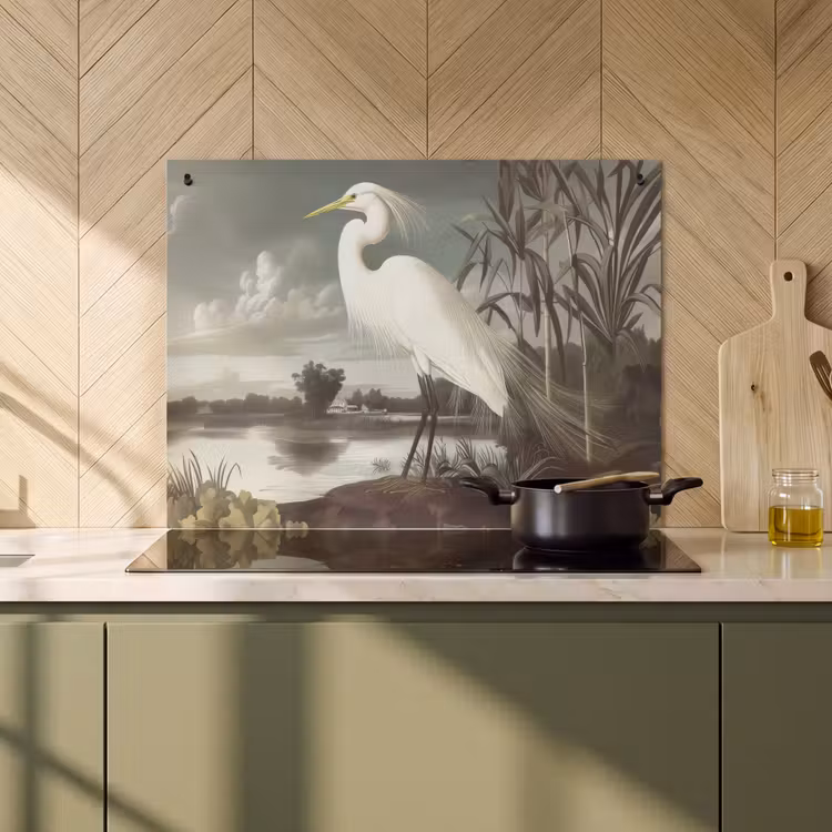 Inductie beschermer en spatscherm (2in1) - Reiger - Planten - Wolken - Wit — 2