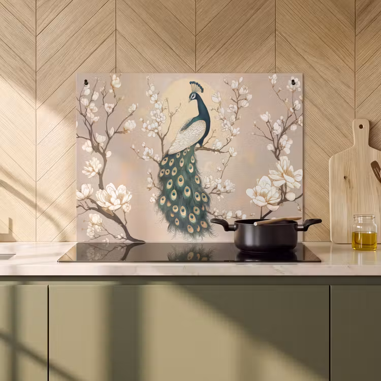 Inductie beschermer en spatscherm (2in1) - Pauw - Tak - Bloemen — 2
