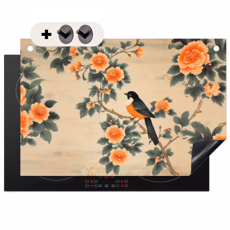 Inductie beschermer en spatscherm (2in1) - Vogel - Tak - Bloemen - Oranje — 1