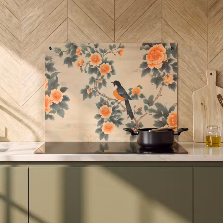 Inductie beschermer en spatscherm (2in1) - Vogel - Tak - Bloemen - Oranje — 2