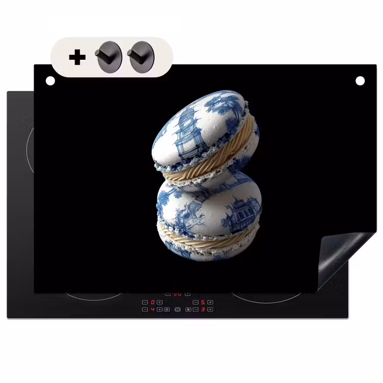 Inductie beschermer en spatscherm (2in1) - Eten - Macarons - Delfts blauw - Koekjes