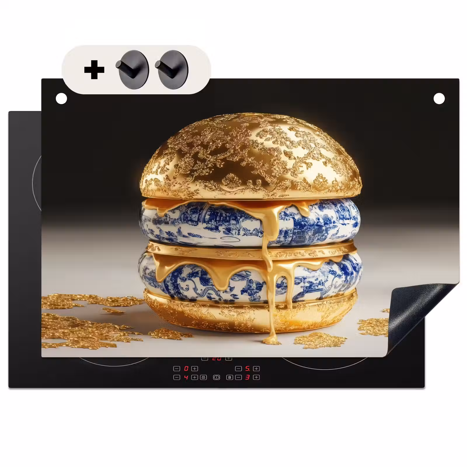 Inductie beschermer en spatscherm (2in1) - Delftsblauw - Goud - Burger — 1