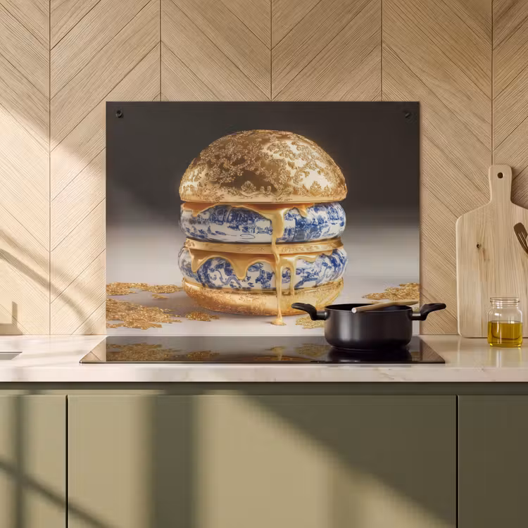 Inductie beschermer en spatscherm (2in1) - Delftsblauw - Goud - Burger — 2
