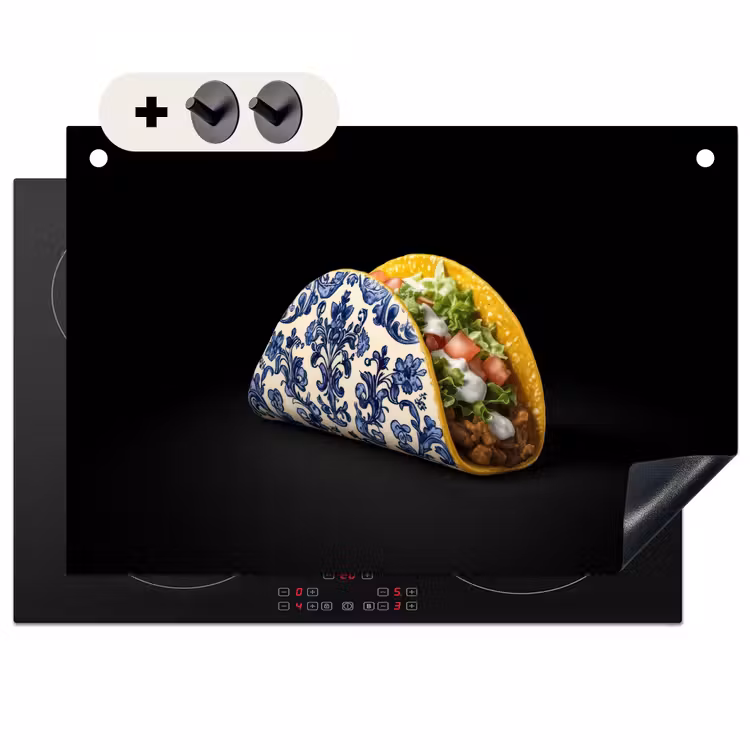 Inductie beschermer en spatscherm (2in1) - Taco - Vlees - Salade - Delftsblauw - Motief