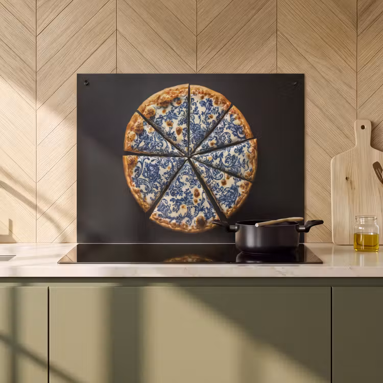 Inductie beschermer en spatscherm (2in1) - Pizza - Eten - Delftsblauw — 2