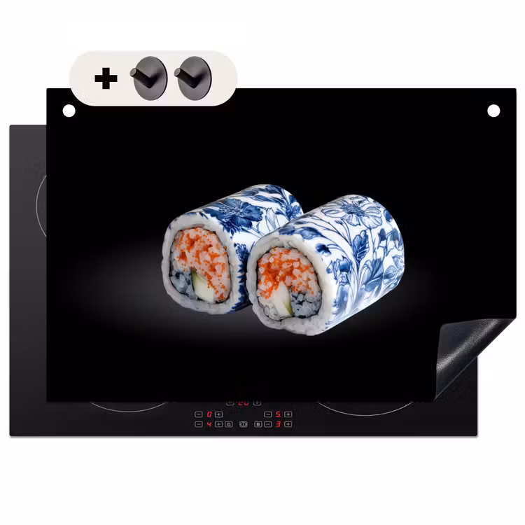 Inductie beschermer en spatscherm (2in1) - Sushi - Delfts blauw - Rijst - Vis - Elegant