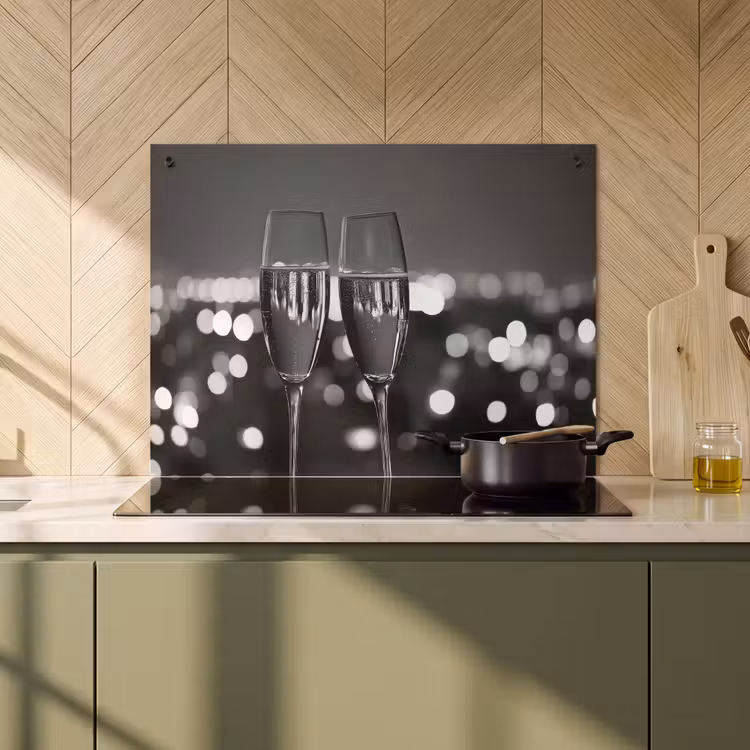 Inductie beschermer en spatscherm (2in1) - Bubbels - Proosten - Champagneglazen - Stadslichten — 2