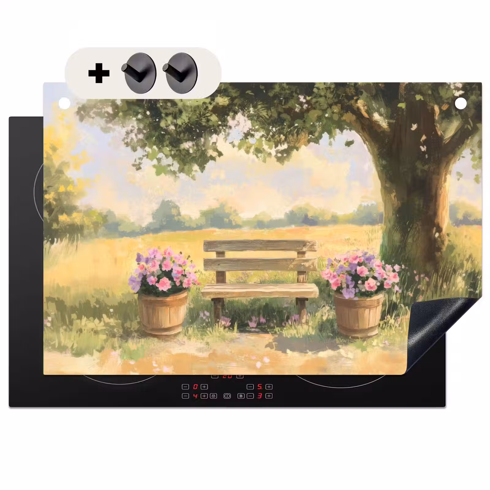 Inductie beschermer en spatscherm (2in1) - Houten bankje - Bloempotten - Landschap — 1