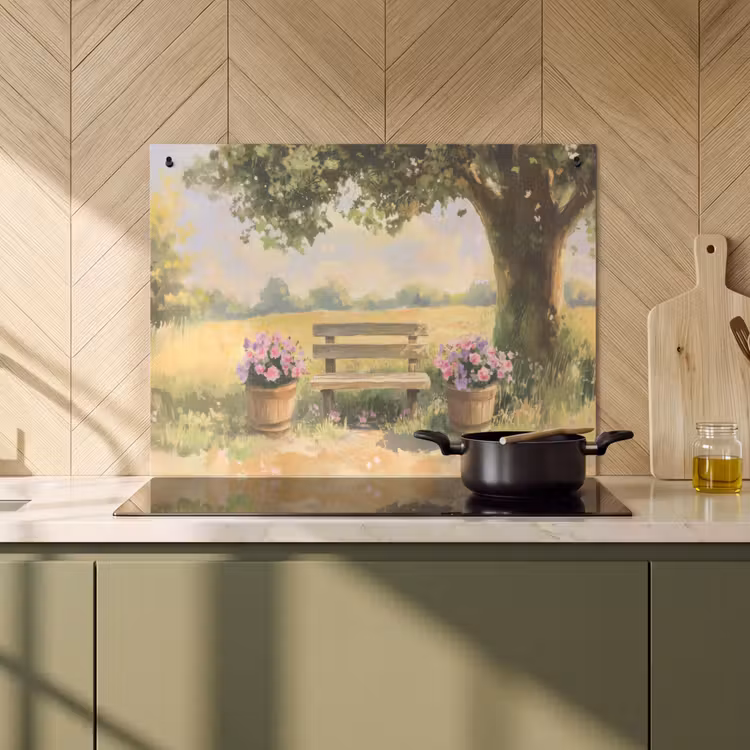 Inductie beschermer en spatscherm (2in1) - Houten bankje - Bloempotten - Landschap — 2