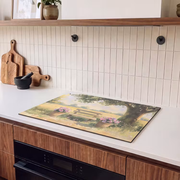 Inductie beschermer en spatscherm (2in1) - Houten bankje - Bloempotten - Landschap — 3
