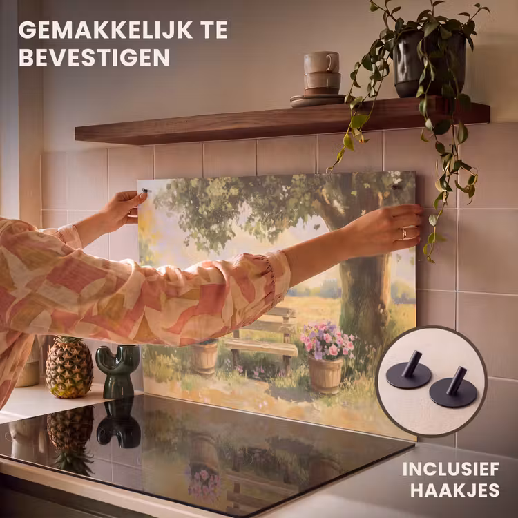 Inductie beschermer en spatscherm (2in1) - Houten bankje - Bloempotten - Landschap — 7
