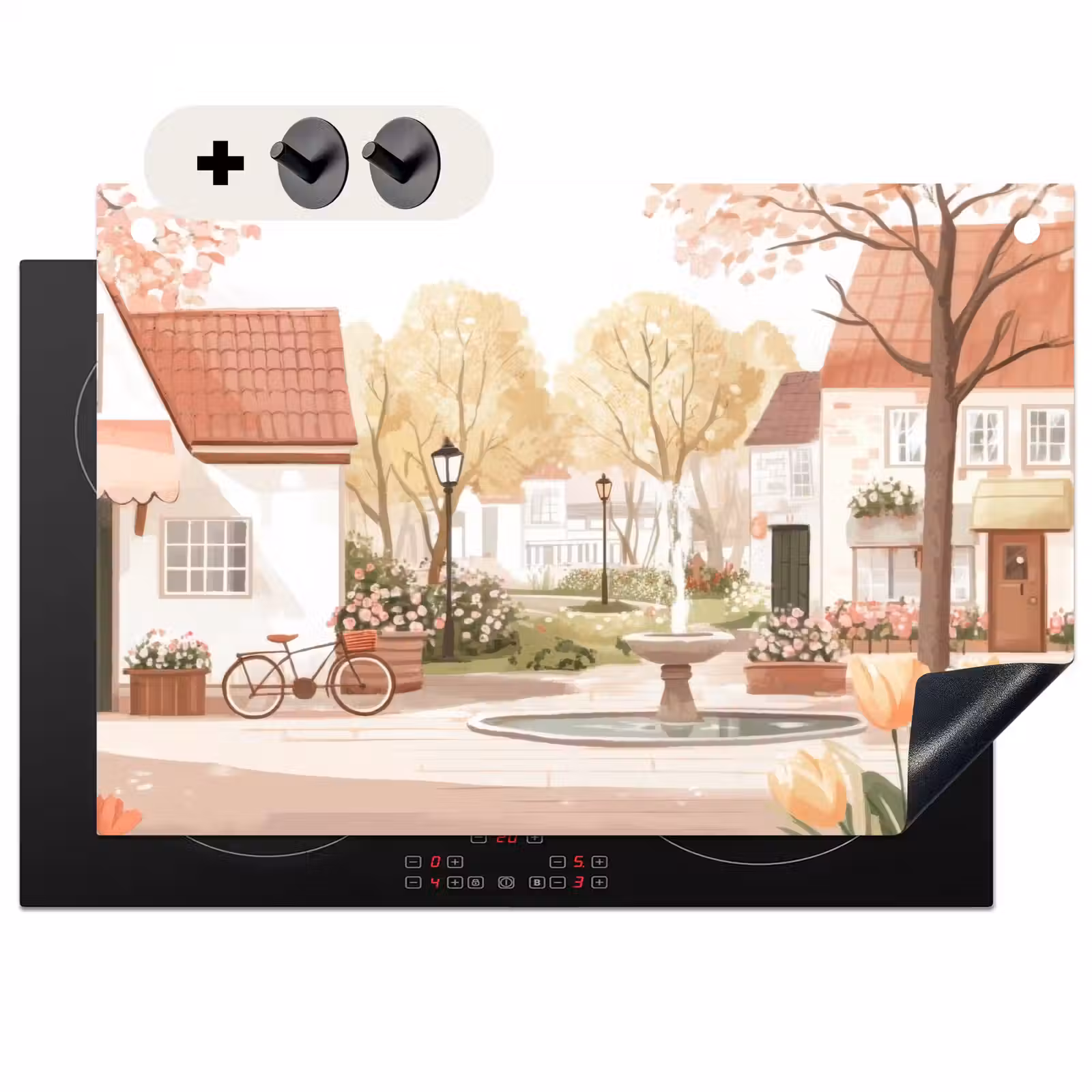 Inductie beschermer en spatscherm (2in1) - Dorpsplein - Fontein - Tulpen — 1