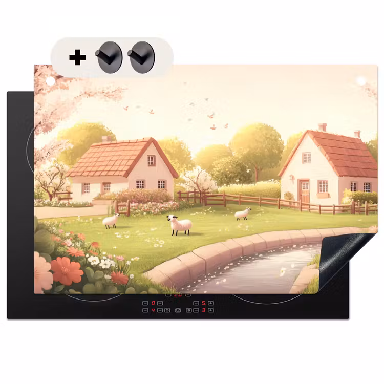 Inductie beschermer en spatscherm (2in1) - Schapen - Huisje - Platteland — 1
