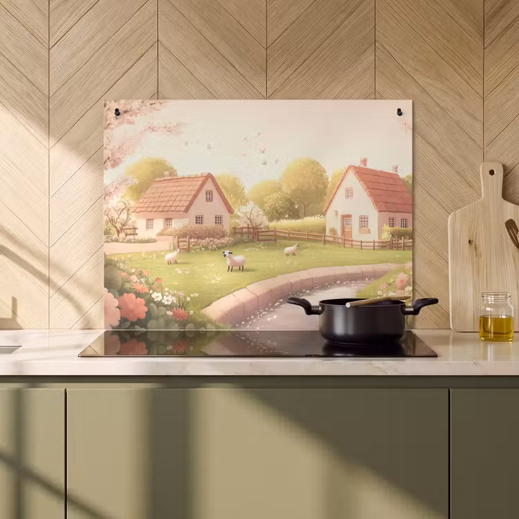 Inductie beschermer en spatscherm (2in1) - Schapen - Huisje - Platteland — 2