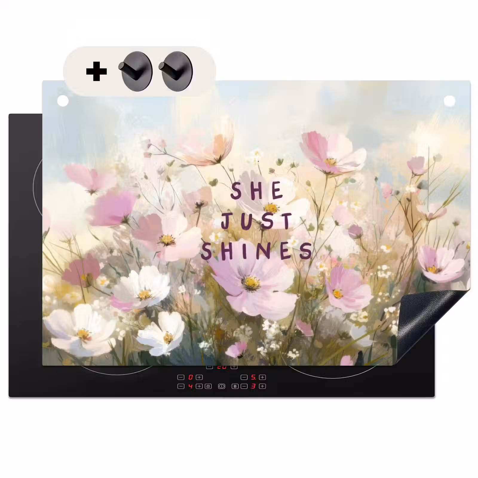 Inductie beschermer en spatscherm (2in1) - Quote - Bloemen - Schilderachtig — 1