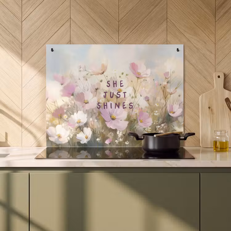 Inductie beschermer en spatscherm (2in1) - Quote - Bloemen - Schilderachtig — 2