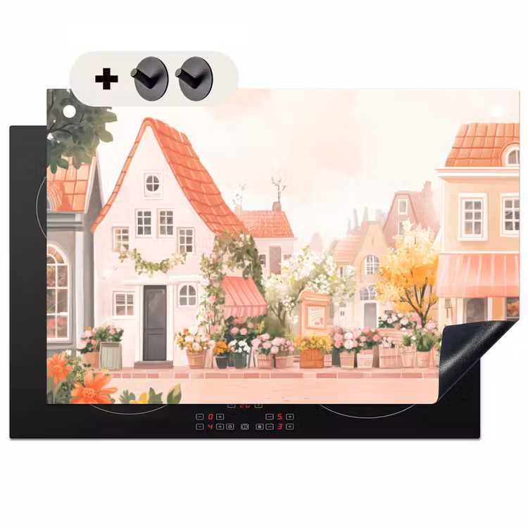 Inductie beschermer en spatscherm (2in1) - Bloemen - Huizen - Dorp — 1