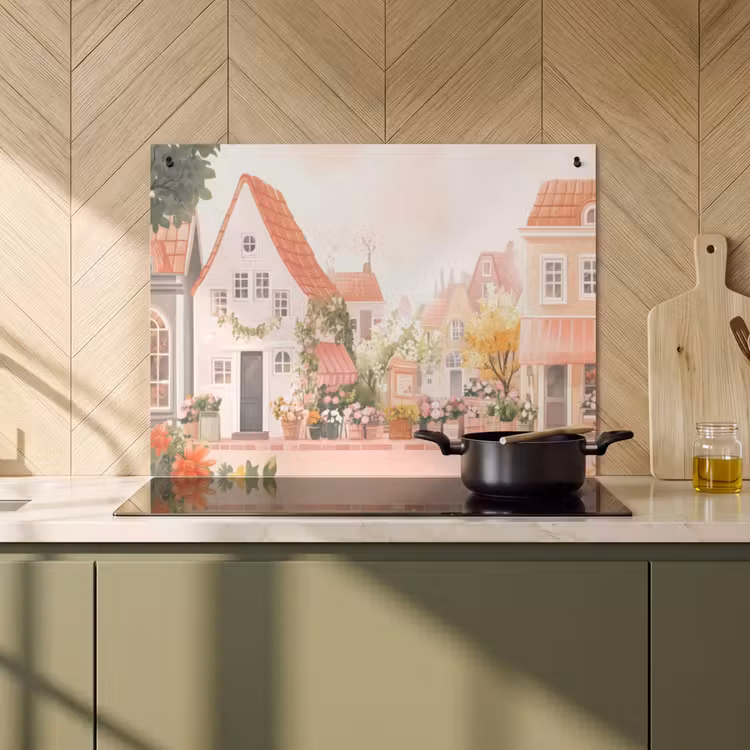 Inductie beschermer en spatscherm (2in1) - Bloemen - Huizen - Dorp — 2