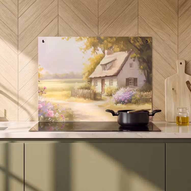 Inductie beschermer en spatscherm (2in1) - Huisje - Hout - Bloemen — 2