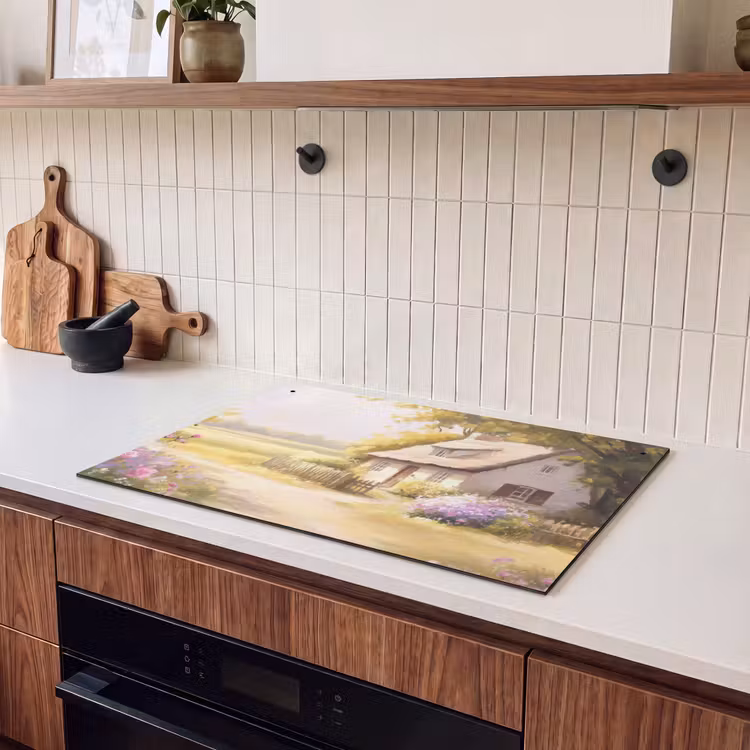 Inductie beschermer en spatscherm (2in1) - Huisje - Hout - Bloemen — 3