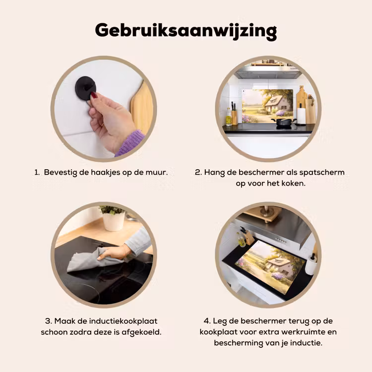Inductie beschermer en spatscherm (2in1) - Huisje - Hout - Bloemen — 6