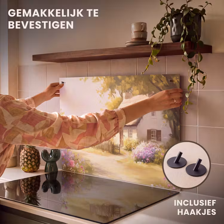 Inductie beschermer en spatscherm (2in1) - Huisje - Hout - Bloemen — 7