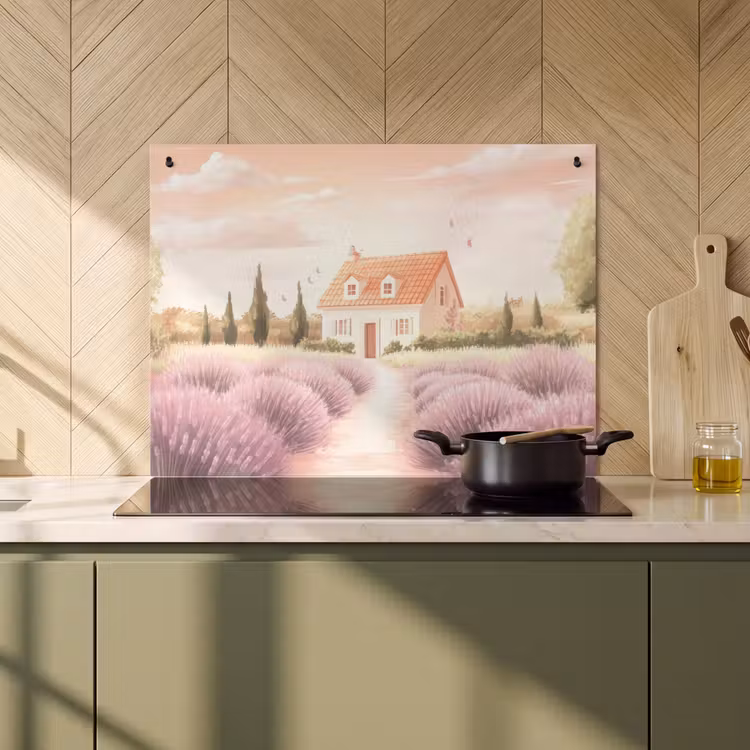 Inductie beschermer en spatscherm (2in1) - Lavendelveld - Huis - Paars — 2