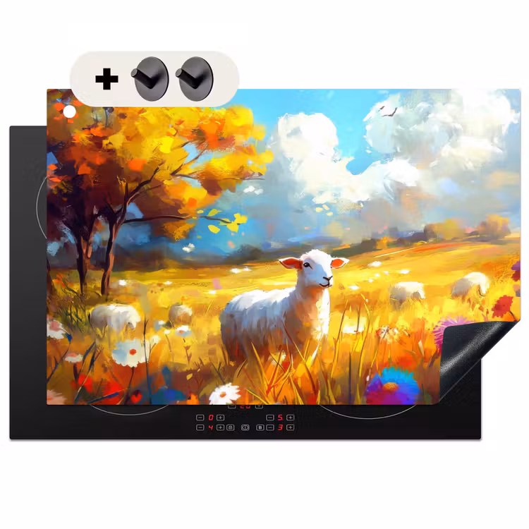 Inductie beschermer en spatscherm (2in1) - Schaap - Weide - Bloemen — 1