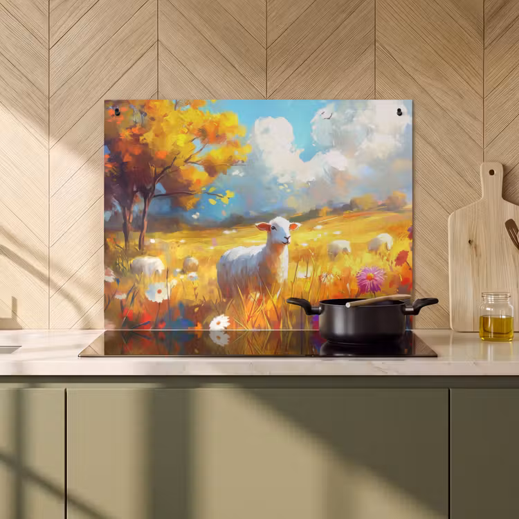 Inductie beschermer en spatscherm (2in1) - Schaap - Weide - Bloemen — 2