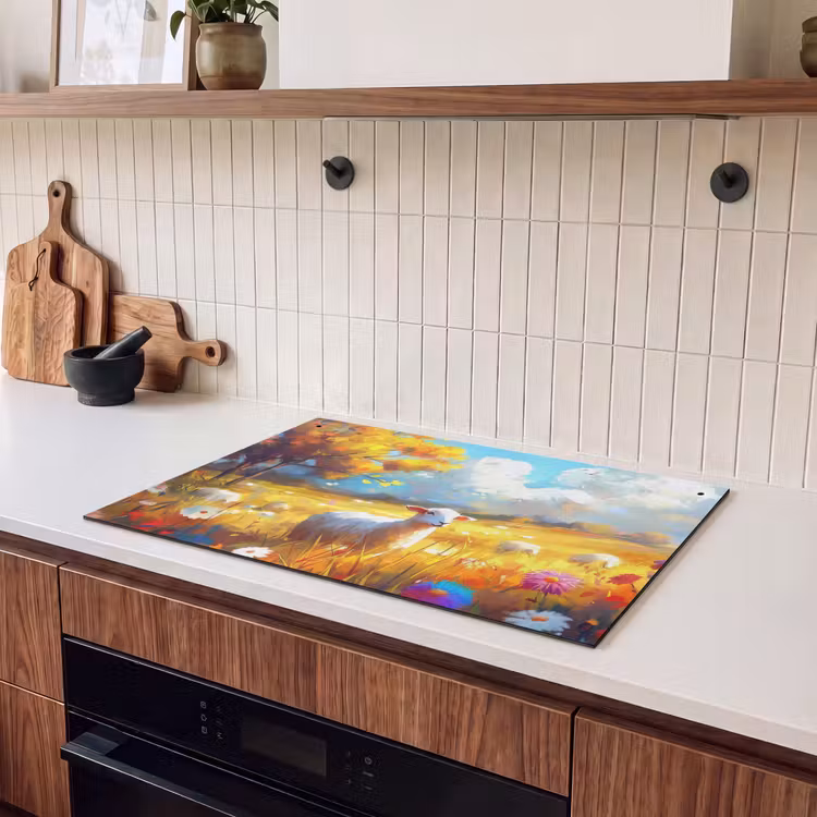 Inductie beschermer en spatscherm (2in1) - Schaap - Weide - Bloemen — 3