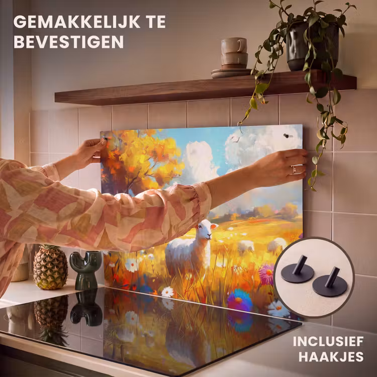 Inductie beschermer en spatscherm (2in1) - Schaap - Weide - Bloemen — 7